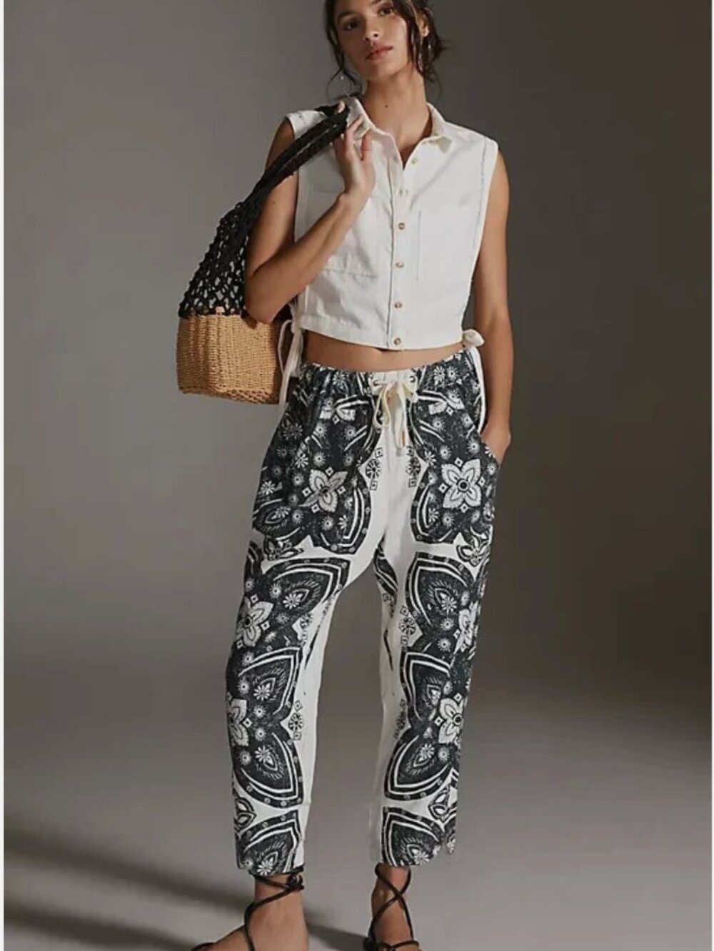 Anthropologie Pilcro Linen Surf Pants – Black White Tattoo Floral – Size Small